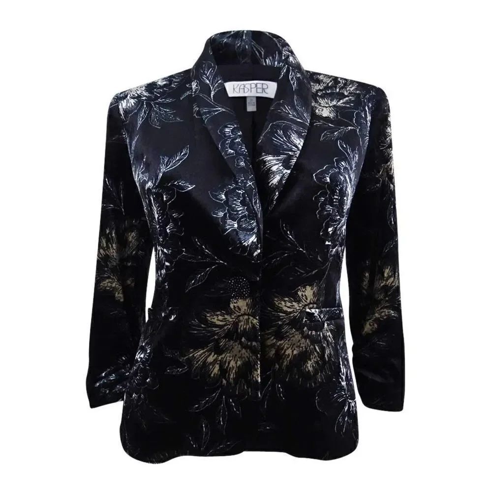 Kasper Women's Floral Velour Single Studded Button Shawl Lapel Blazer Size 8 NWT